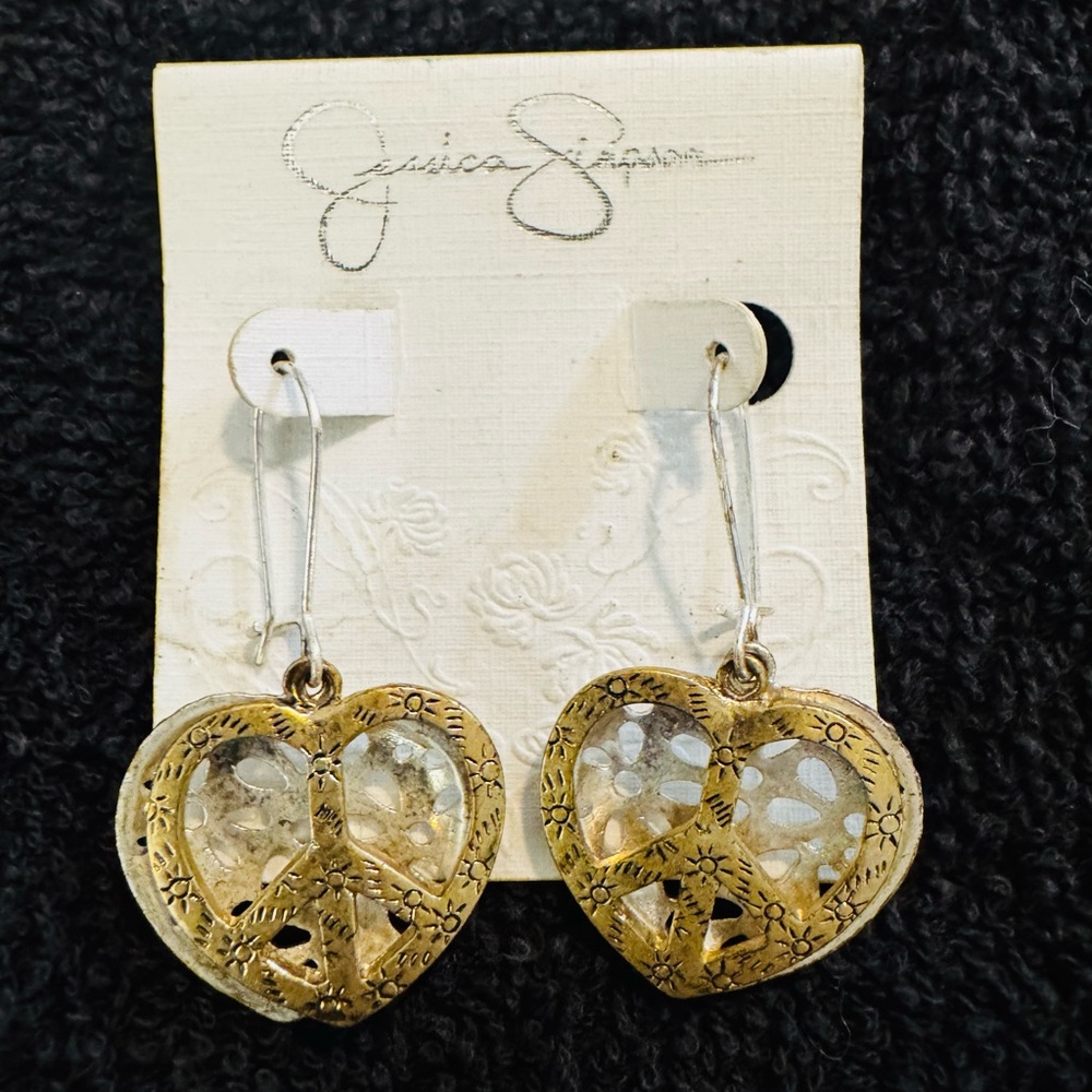 Jessica Simpson Gold Heart Earrings with Peace Sign Design
